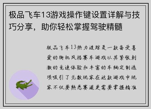 极品飞车13游戏操作键设置详解与技巧分享，助你轻松掌握驾驶精髓